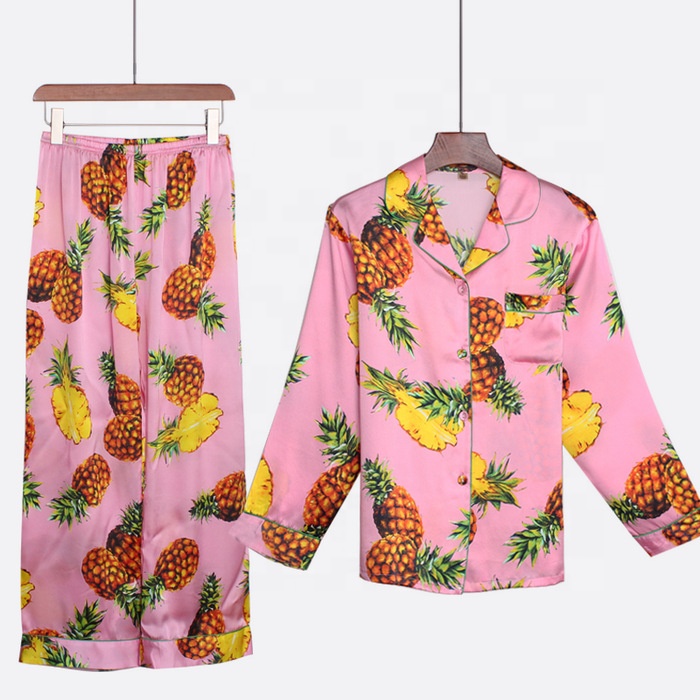 Hot Sale Product Wholesale Luxury Pijamas Long Sleeve Satin Nightgown Pink Printed Pyjama Set Women's Sleepwear Silk Pajamas 