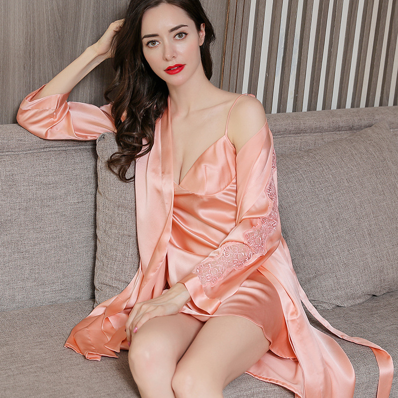 Beta Custom Womens Silk Pajamas Suspender Nightdress Sexy Pyjama Sets Nightgown 100% Silk Two-piece Lace Womens Sleepwear Set 