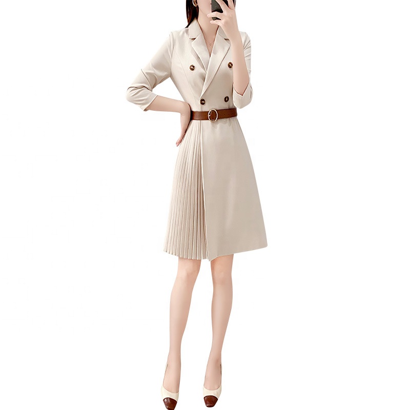 2021 New Hot-selling Office White-collar Women's Pleated Striped Casual Mid-waist Dress With Belt Waist Dresses 