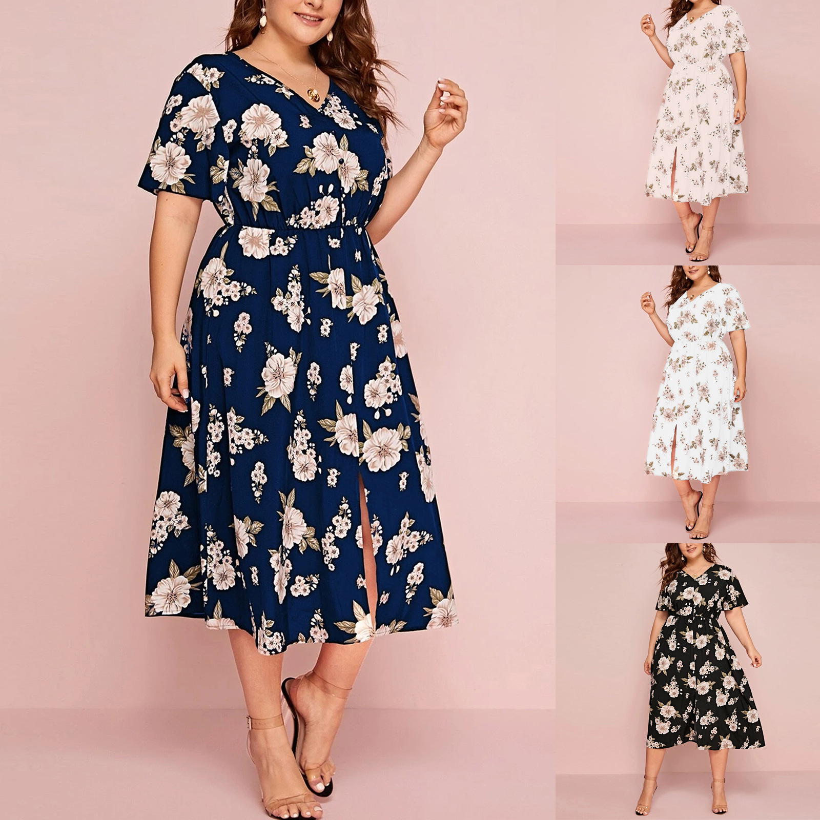 Amazon Women's Casual Plus Size V Neck Office Wear Floral Print Chiffon Loose Slit Beautiful Elegant Party Dinner Long Dresses 
