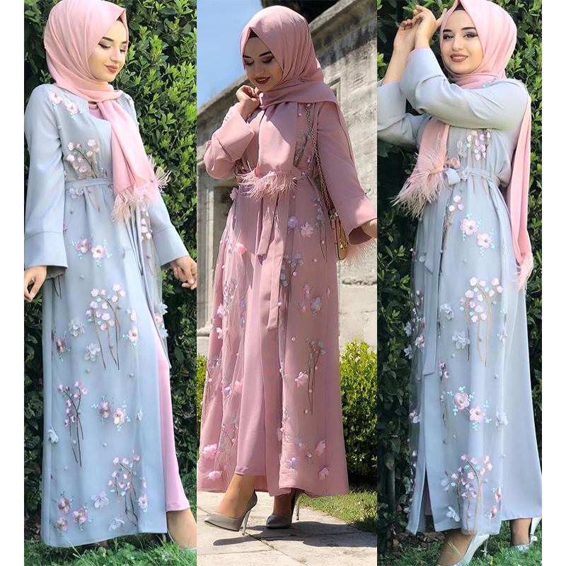 Free Shipping Women's Long Skirt Kaftan Luxurious Lace Seamless Embroidered Sequin Abaya Muslim Dresses