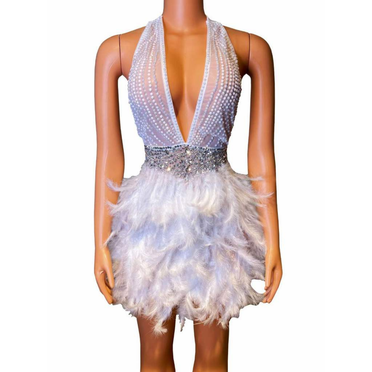 Shiny Crystal Beaded Pearl Satin Skinny Strap Halter Mini Club Night Dresses Party Gowns For Women Evening Dress With Feathers