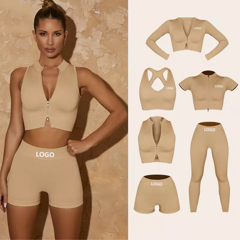2022 Women 6 Piece Ribbed Yoga Set Zipper Natural Color Activewear Suit Jogger Seamless Sportswear Fitness Workout Gym Clothing 