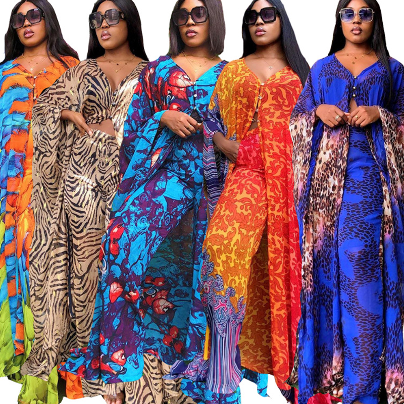 New Fashion Trend Dress Print Chiffon Cardigan Womens Dresses Casual Comfortable Loose Trousers African Robes Two Piece Set 