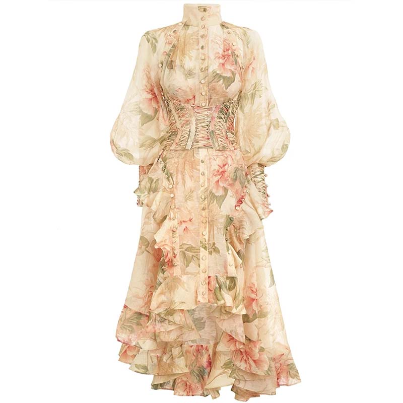 Flower Printed Puff Sleeve Ruffle Vintage Bandage High Waist Dress Women Casual Dress 