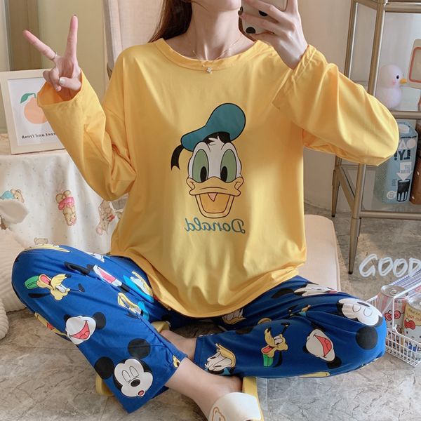 Kawaii Print Women's Pajamas Set Autumn Long-sleeve Pajamas Cute Pink Cartoon Female Homewear Loose Casual Sleepwear 
