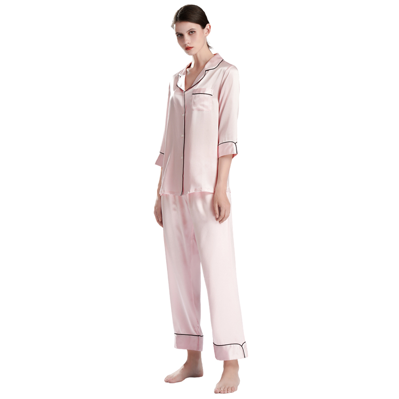 Wholesale Four Seasons Use 19mm 100% Silk Women's V-neck Silk Pajama Set With Long Sleeve Pants 