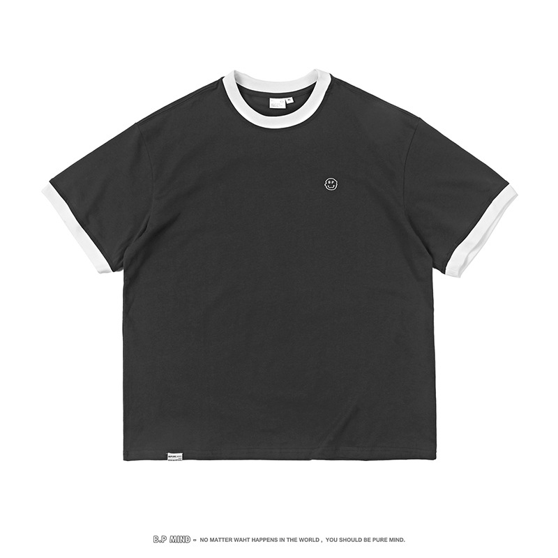 2023 Summer New Men's Ringer T Shirt Smiley Face Embroidered Crewneck T-shirt Retro Ringer T Shirt Casual Short Sleeves 