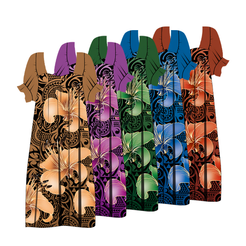 Custom Hawaiian Design Floral Pattern Printed Islander Mumu Dress Fabric Clothing Women Half Sleeve Loose Dress 