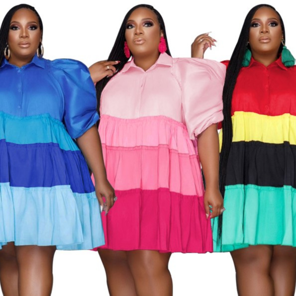 Trending Products 2023 New Arrivals Splicing Contrasting Color Puff Sleeve Large Swing Skirt Plus Size Women's Dress 