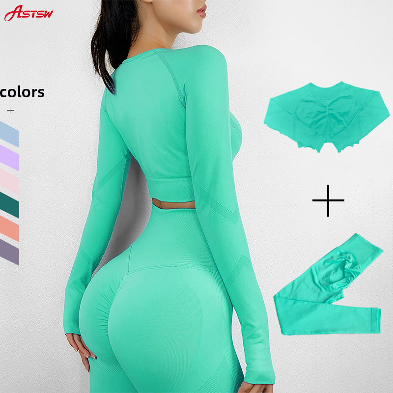 Women's Sportswear Yoga Set Workout Clothes Athletic Wear Sports Gym Legging Seamless Fitness Bra Crop Top Long Sleeve Yoga Suit 