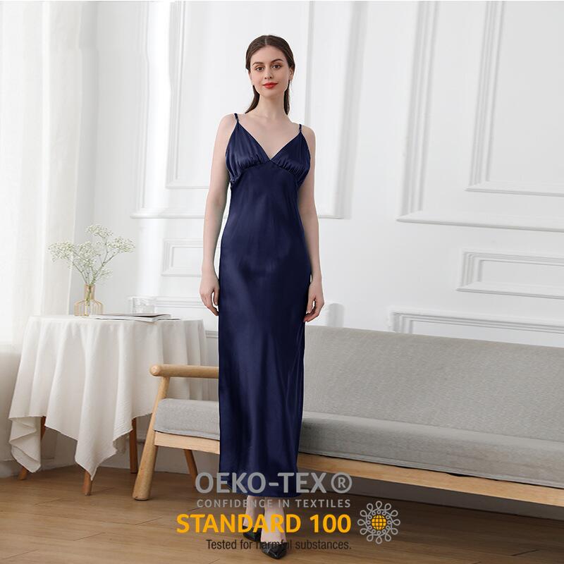 Charming V-neck Long Silk Pajamas Sexy Breathable Cool Summer Ladies Silk Pajamas 