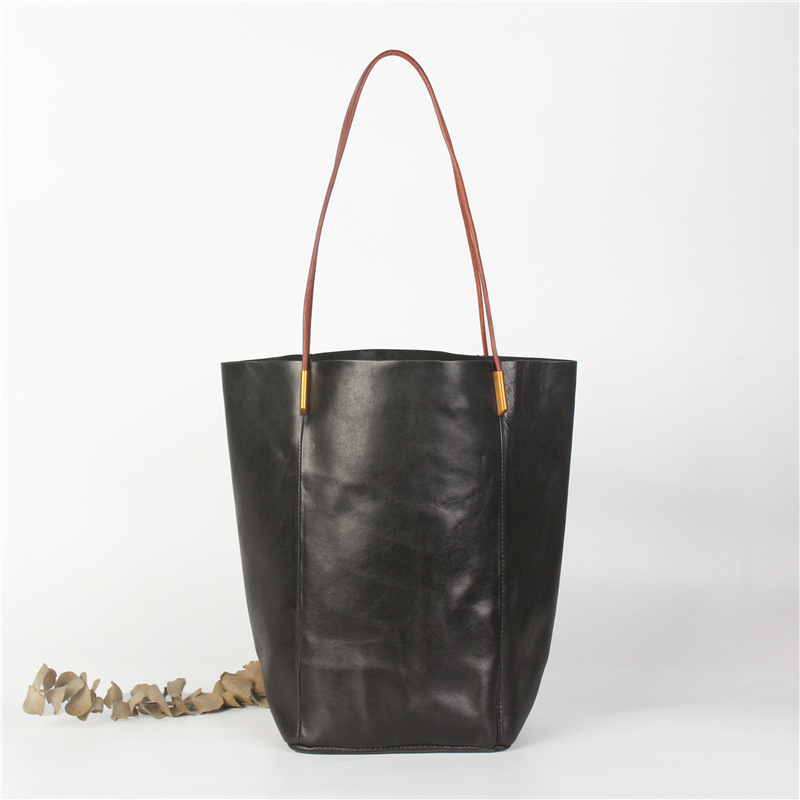 Top Layer Cowhide Leather Ladies Purses Vegetable Tanned Leather Bucket Bag Large-capacity Handbag 
