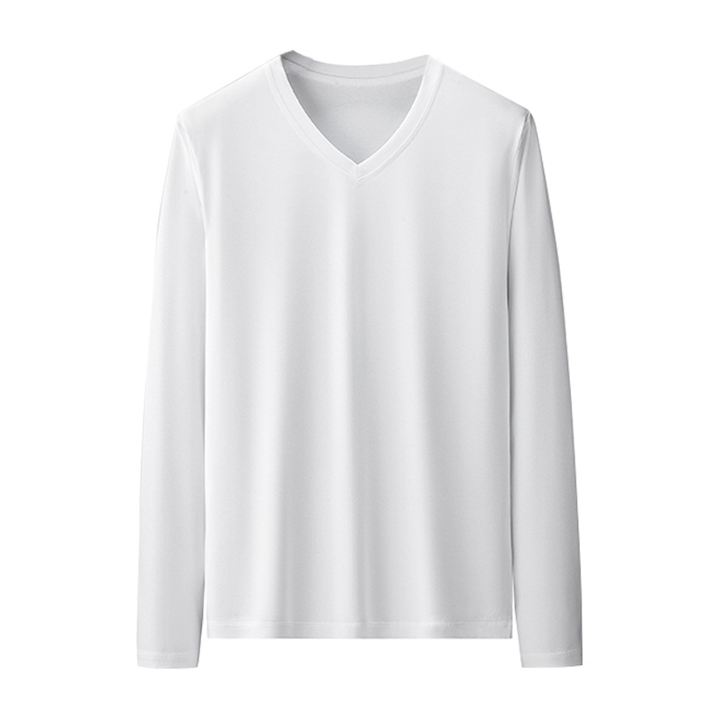 White V-neck Long-sleeved Men's T-shirt Spring Solid Color Pure Cotton Man T-shirt 