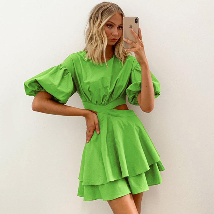 Summer Dresses Women 2023 Puff Sleeve White Cotton Linen Ruffle Hollow Out A Line Dress 