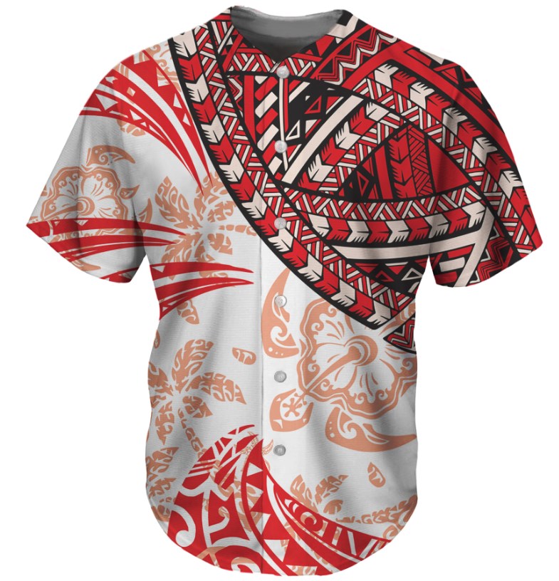 Red Hawaii Style Patchwork Polynesian Tribal Design Sports Wear Blank Clothing Custom Button Jersey Shirt Fashion Men's T-shirt 