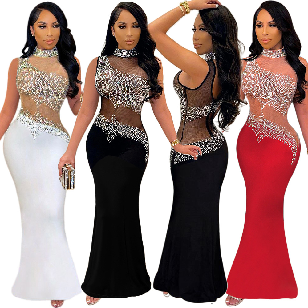 2022 Women Sexy See Through Party Rhinestone Mesh Sheer Patch Bodycon Club Sleeveless Long Maxi Dresses Evening Party Dress 