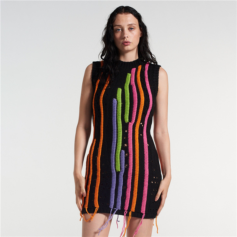 Clothing Knitted 3d Stripes Sleeveless Women O Neck Mini Tight Tassel Street Wear Dresses 2023 