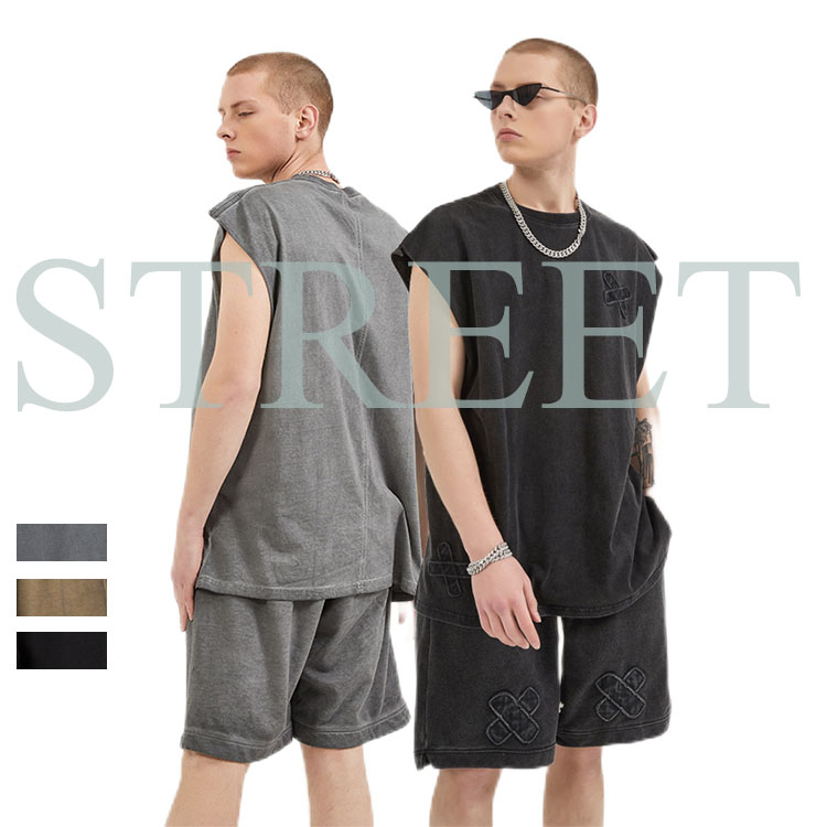 Men's Retro Wash Old Sleeveless Vest High Street Style Loose Breathable Fashion Shorts Suit