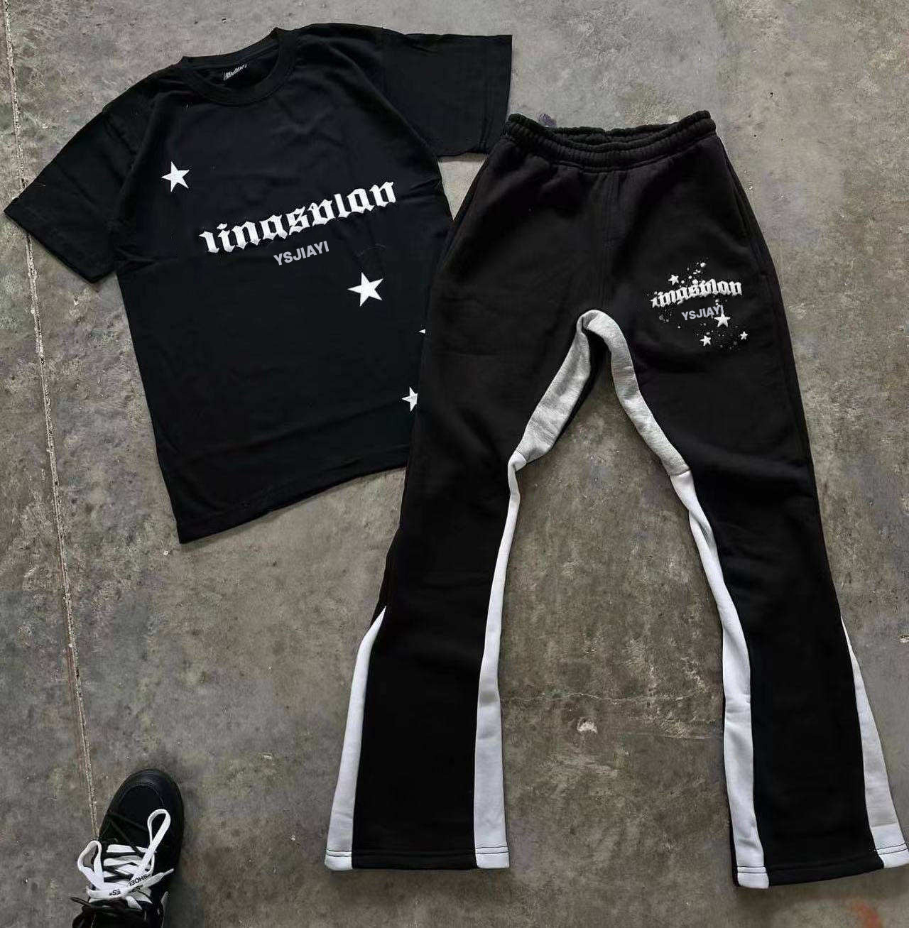Custom Graphic Print T Shirt Flared Pant Set 3d Puff Print Logo Flared Pant Two Pieces Tracksuit Jogger Set 