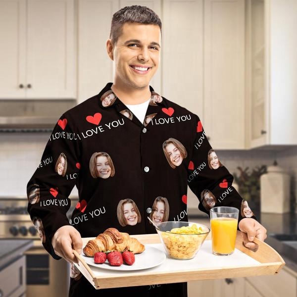 Dropshipping Pyjama Rigolo Homme Custom Face I Love You Designer Pajamas Two Piece Men Pyjamas Set For Husband Boyfriend Lover 