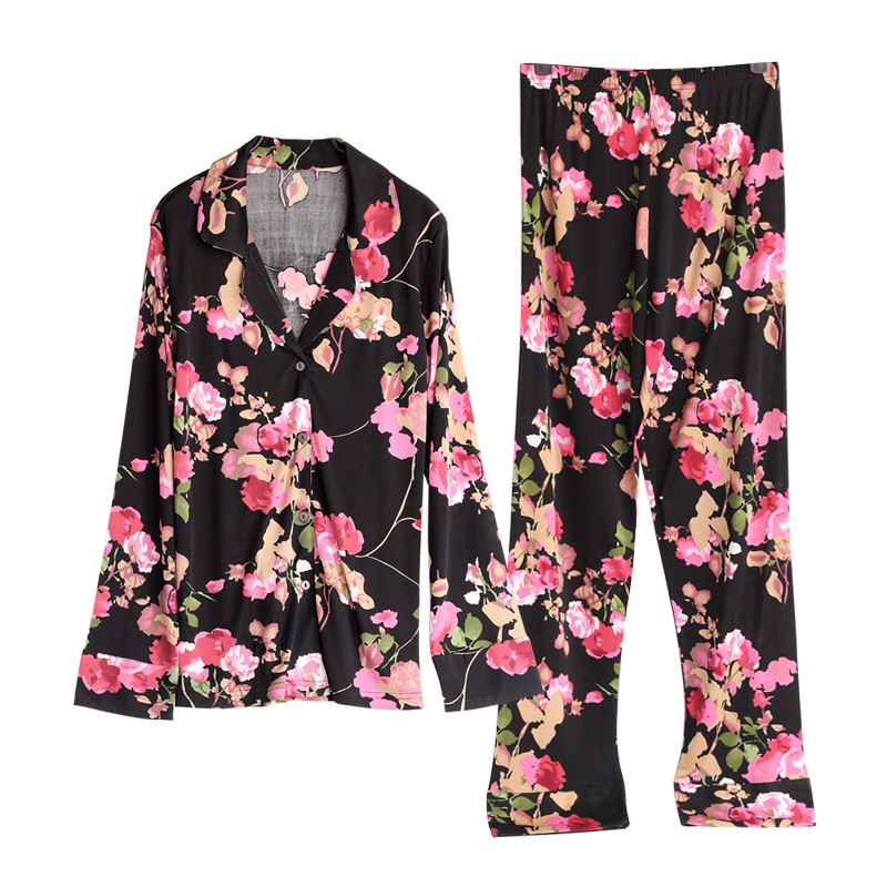 Custom Women Silk Ladies Sleepwear Satin Pink Flower Floral Printed Silk Pajamas Set 