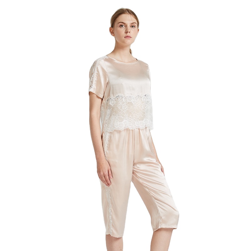 Fashion Designer Two Piece Pajamas Sleepwear Luxury Real 100% Silk Sleepwear Set Women's Silk Pajamas 