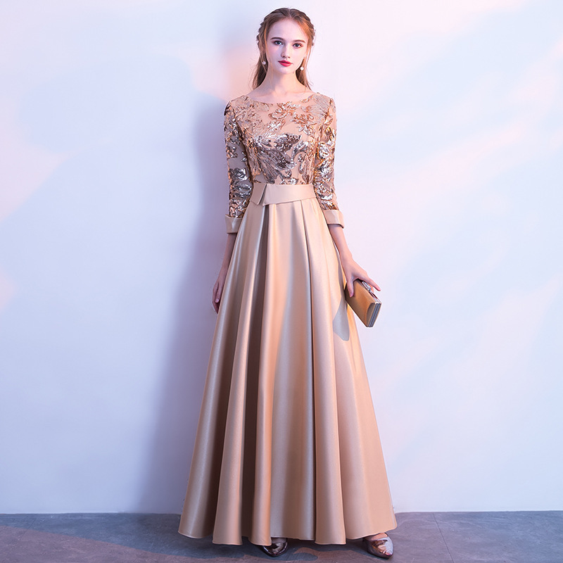 Hot Sell 3d Flower Gown Mother Of The Bride Dresses Gold Champagne Color Satin Evening Gowns Long Purple Party Frock For Women 
