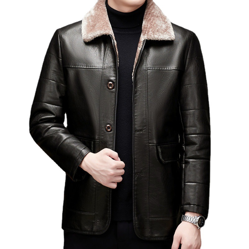 Winter High Quality Leather Jacket Business Warm Plus Size Plush Thick Men's Leather Jacket 