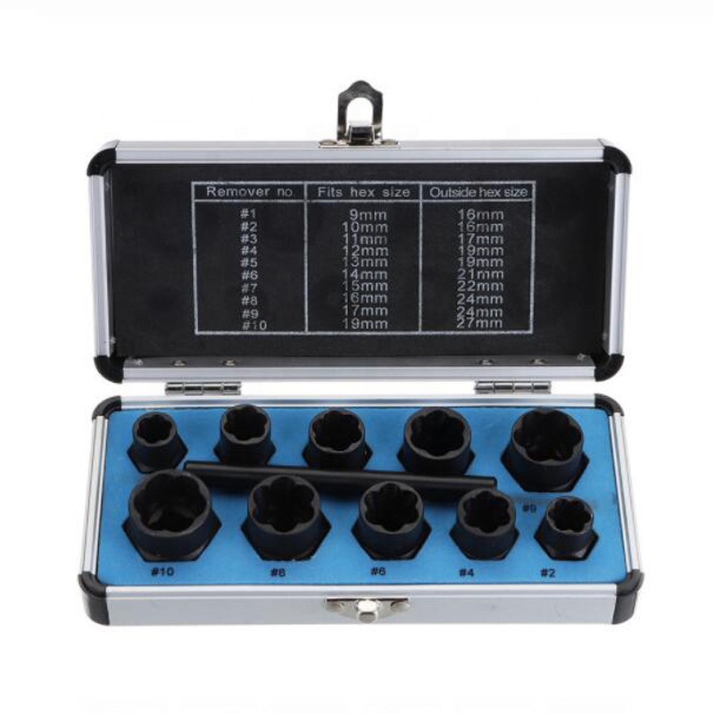 10pcs Damaged Bolt Nut Screw Remover Extractor Removal Set Nut Removal Socket Tool Threading Hand Tools Kit With Box 