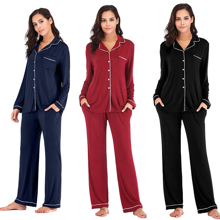 Woman Long Cotton Pyjama Set Custom Free Logo Plus Size Women Modal Pajamas Women's Sleepwear 
