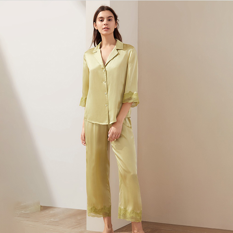 Top Sellers Solid Color Silk Pajamas Women's Sleepwear 100% Silk Satin Pajama Sets 