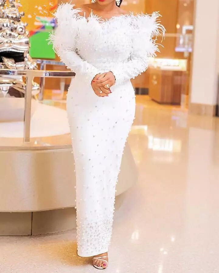 Women White Off Shoulder Feather Bandage Tight Nail Bead Party Dress Long Sleeve Evening Dress