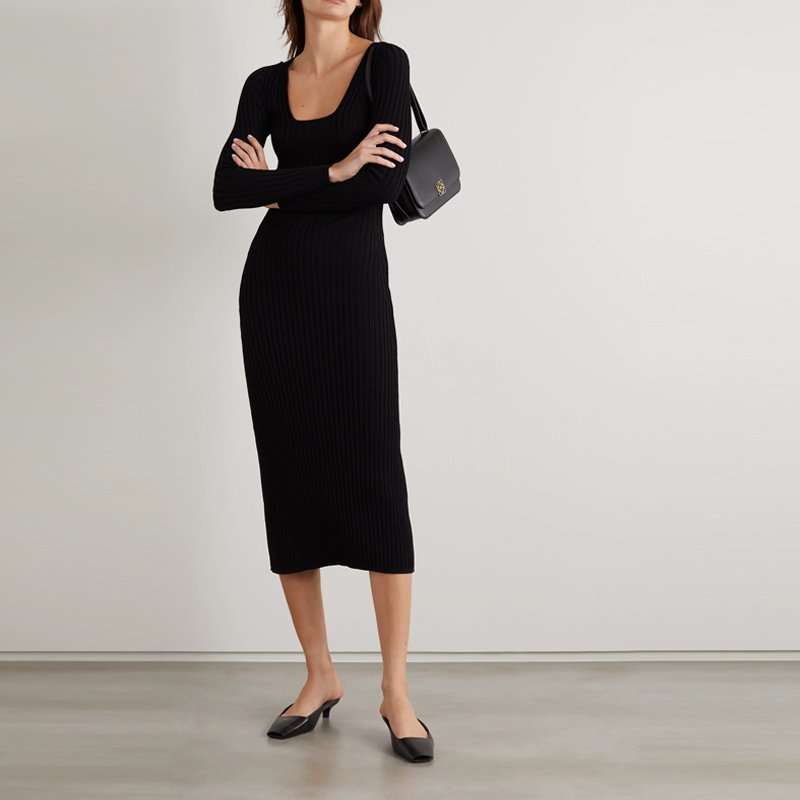 Bodycon Oem Women's Long-sleeved Slim Fit Bag Hip Pencil Knit Professional Office Mid-length Dress For Women's Clothing 