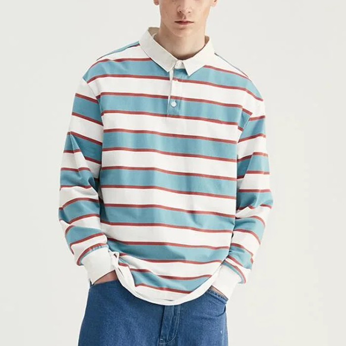 Streetwear Rugby Polo Shirt Men's Casual Fashion Stripe Golf T Shirt