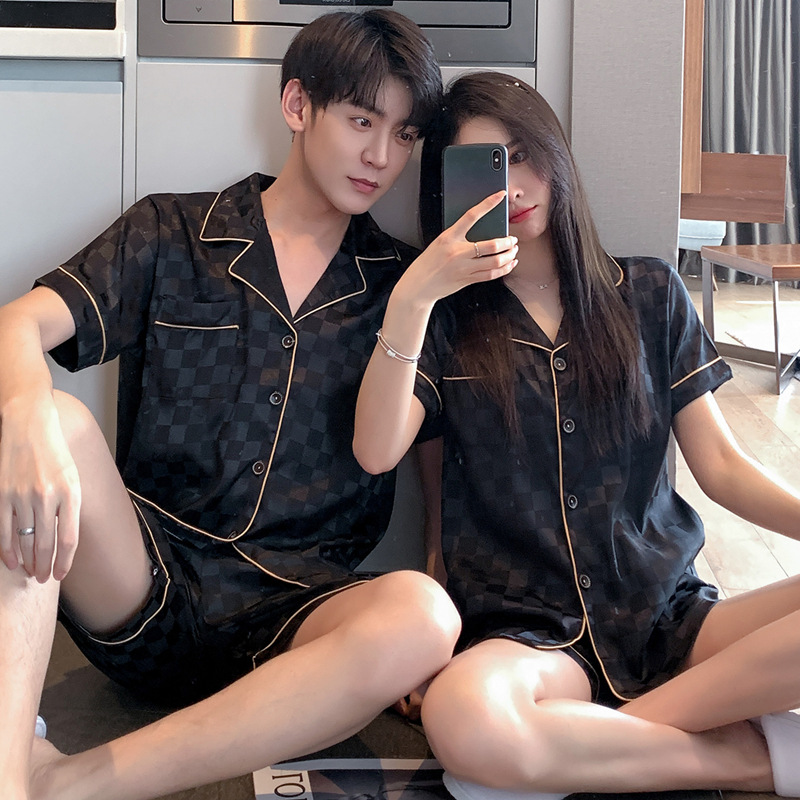 2201 Solid Print Ice Silk Satin Women's And Men Sleepwear Short Sleeve Sets Couple's Pajamas 