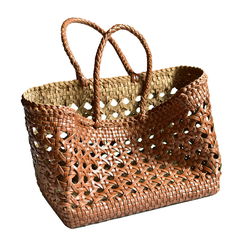 Fashion Handmade Weaved Handbags For Women Grain Leather Shopping Purses 2021 Ladies Hand Bags With Hollow Out And High Capacity 