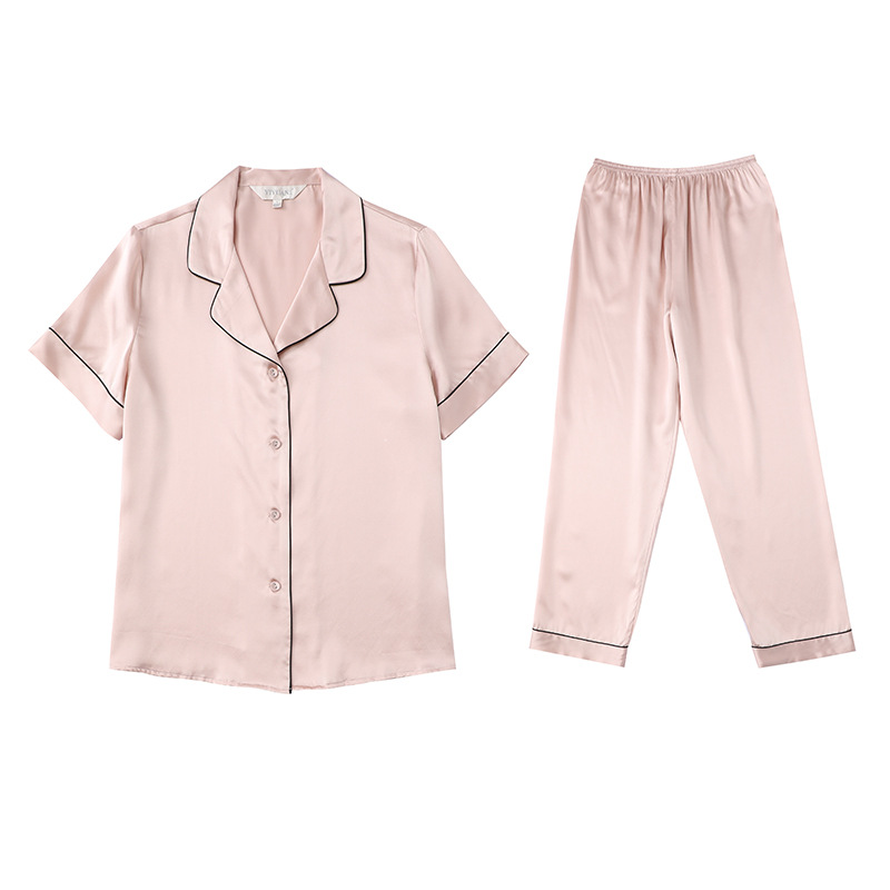 Custom 2 Piece Pure Silk Women Short Sleeved Trousers Silk Women Sleepwear Silk Pajamas 