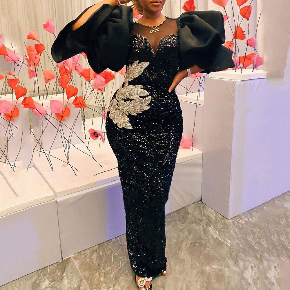 Long Black Classy Aomei Embroidered Sequined Puff Sleeve Women Evening Dress 