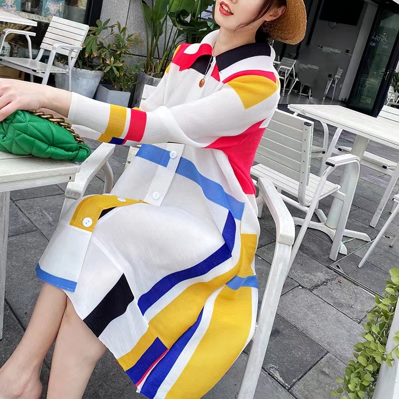 Autumn New Miyak Pleated Women Dresses Fashion Solid Single-breasted Design Loose Large Size Women's 3/4 Sleeve Dress 