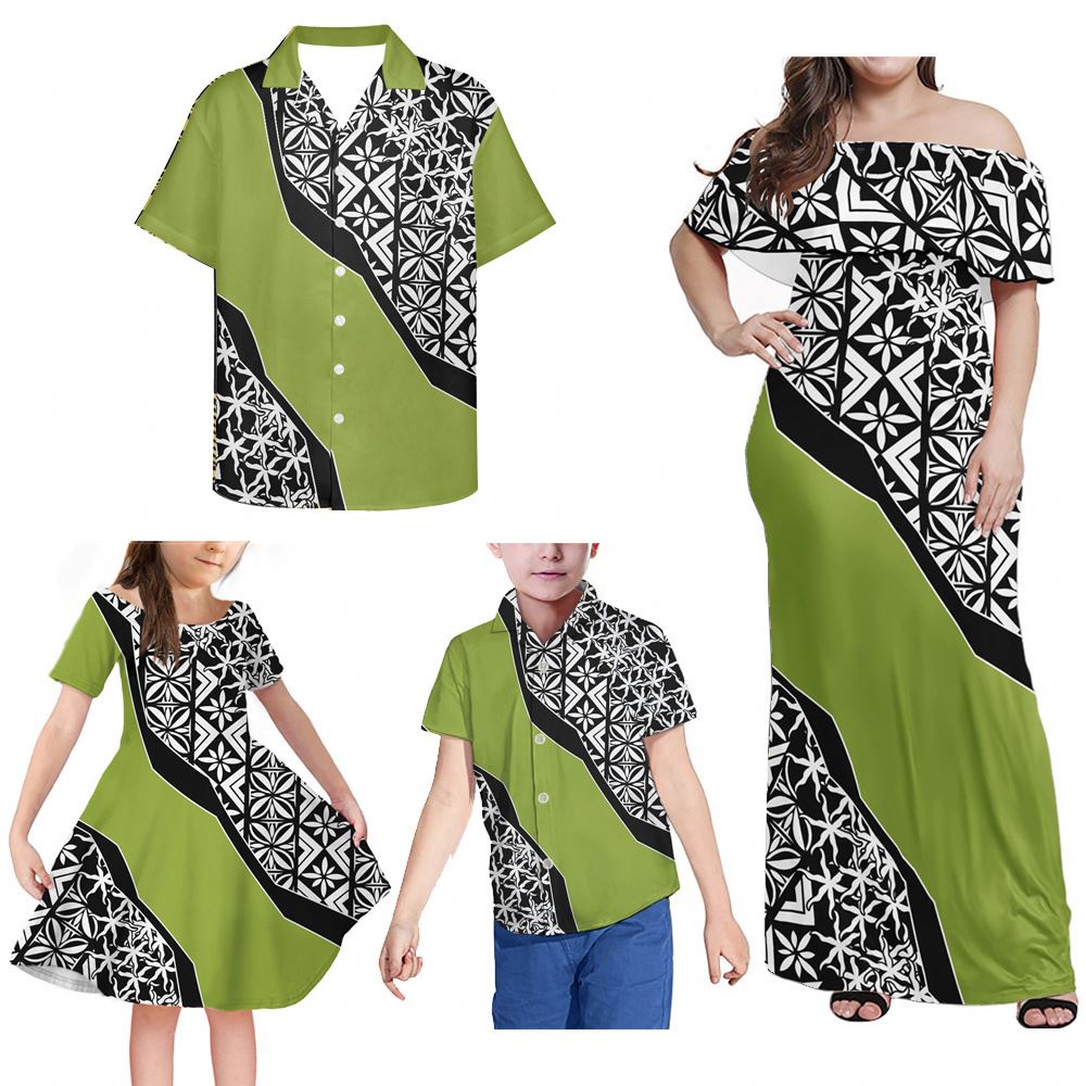Plus Size Women Bodycon Off Shoulder Dress Custom Polynesian Samoan Tribal Tapa Floral Design Family Matching Outfits Summer