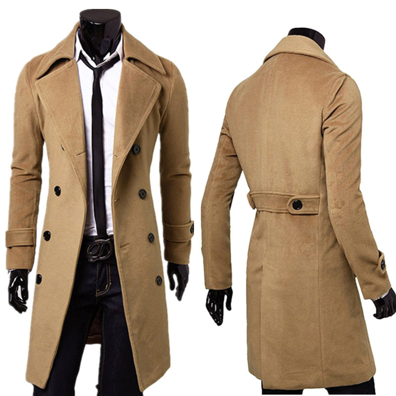 Latest Design Autumn Winter Warm Fleece Men's Slim Woolen Coat Double-breasted Long Men Jacket 