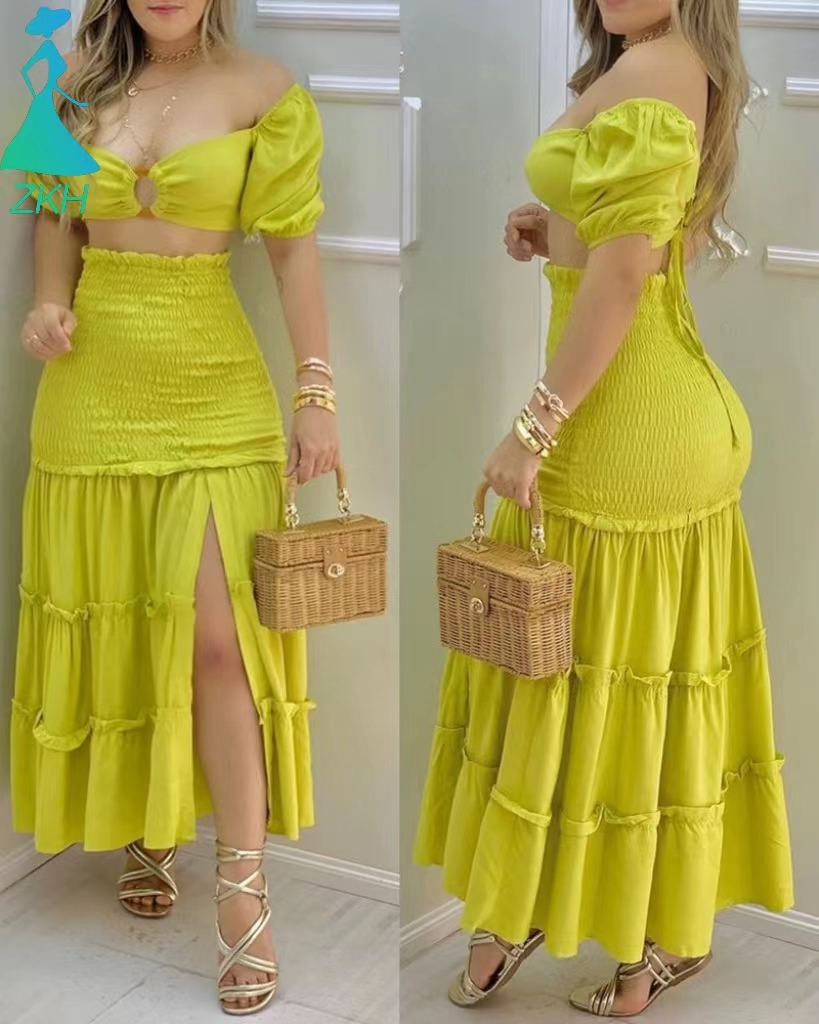 2021 Hot New Sweet Fashion Solid Color Short-sleeved Color Matching Printed Long Skirt Suit and Blanket Dress for Women