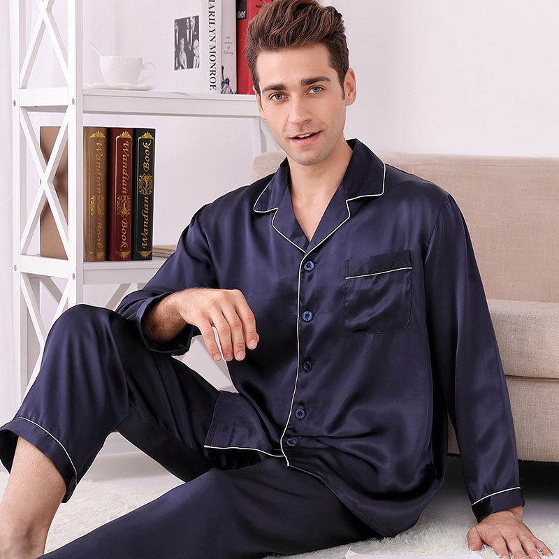 Ready-made Silk Pajamas Spring And Summer Long Sleeve Two-piece Set 100% Real Silk Noble Men's Home Clothes Silk Set Wholesale 