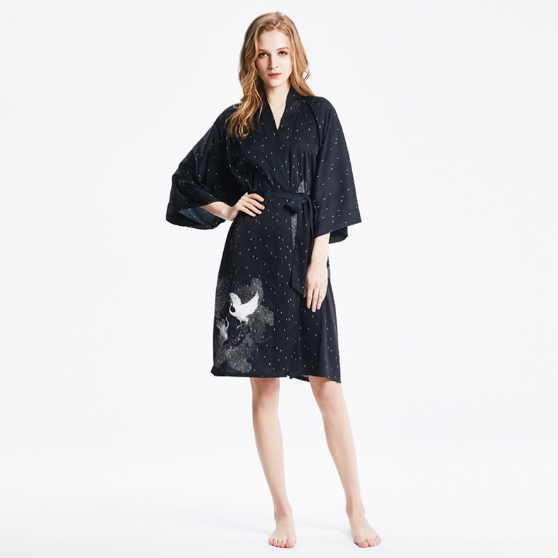 2022 New Short Kimono Black Robe Custom Pattern Silk Robe Dress Women's Sleepwear Pajamas 