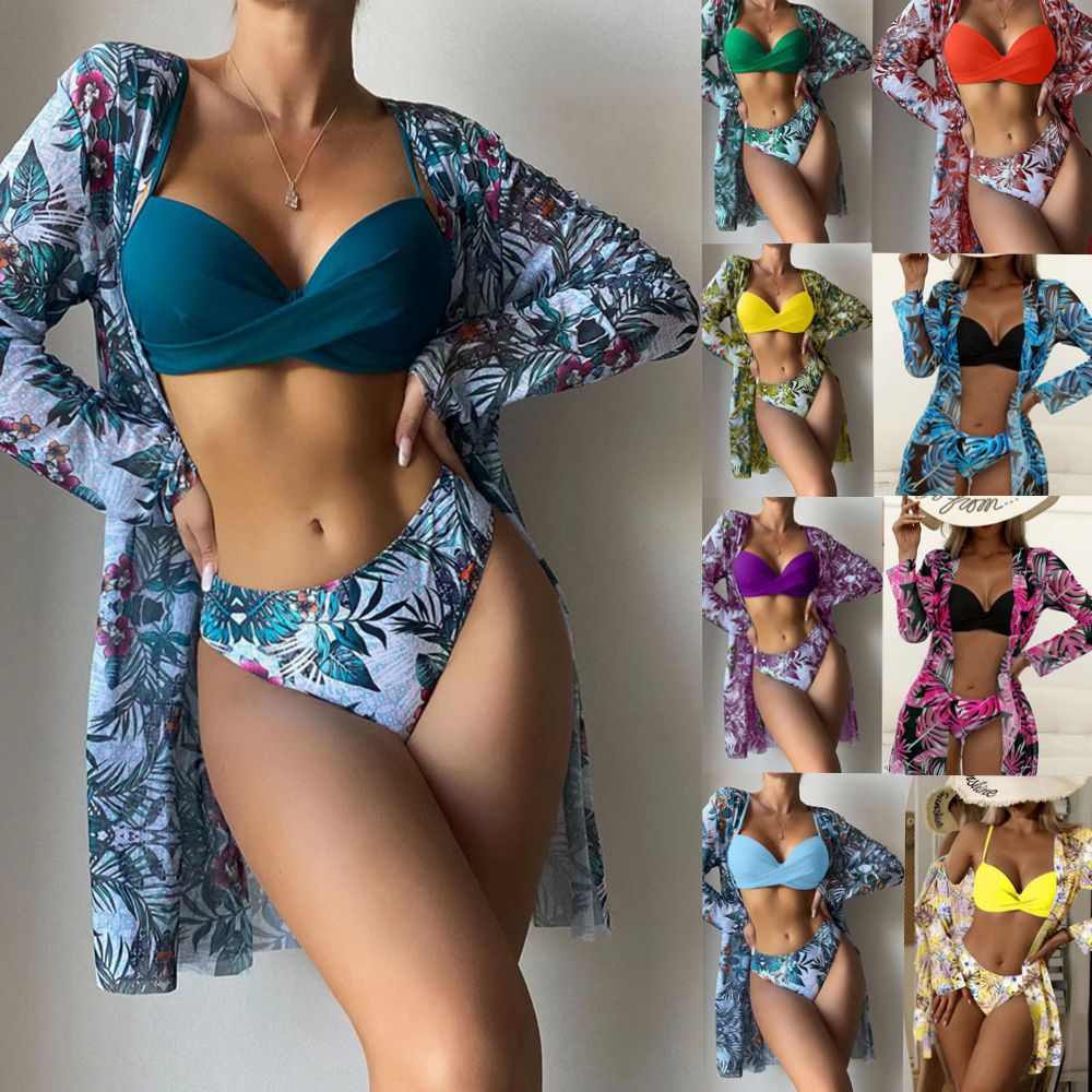 Three Pieces Bikini Set Women Custom Printed Swimsuits 2023 3 Piece Bikini Swimwear With Long Sleeve 