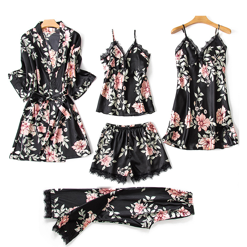 Sexy Sleepwear Ladies Luxury Smooth Silk Long Pajamas 4 Pcs Set Nighty Pajamas Women's Sleepwear Pajama Sets 