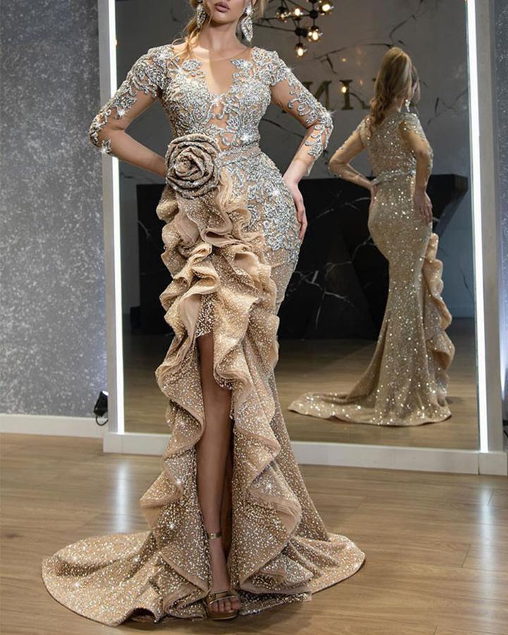 2022 Clothing Sexy Temperament Sprinkle Gold Trailing Dresses New Gowns For Women Evening Long Sleeve Dress