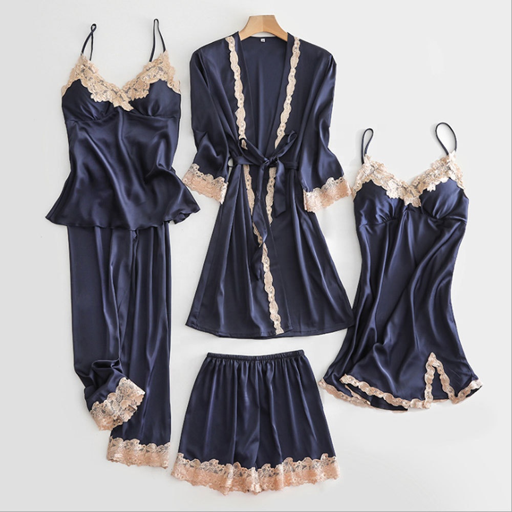 2022 Wholesale Summer 5 Piece Silk Satin Nighty Sets Pajamas Women's Sleepwear 