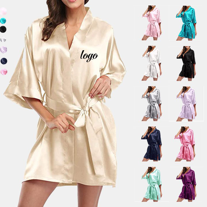 2022 Women's Sleepwear Pure Color Wedding Short Bridesmaid And Bride Robe Silk Kimono Satin Robe 